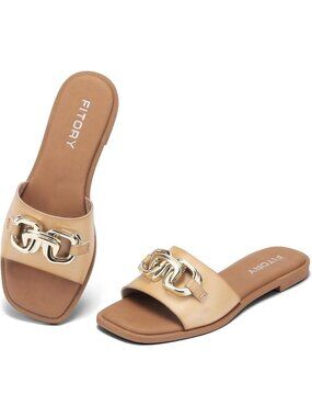 Women's Khaki Flat Sandals Fashion Slides With Soft Leather Slippers for Summer